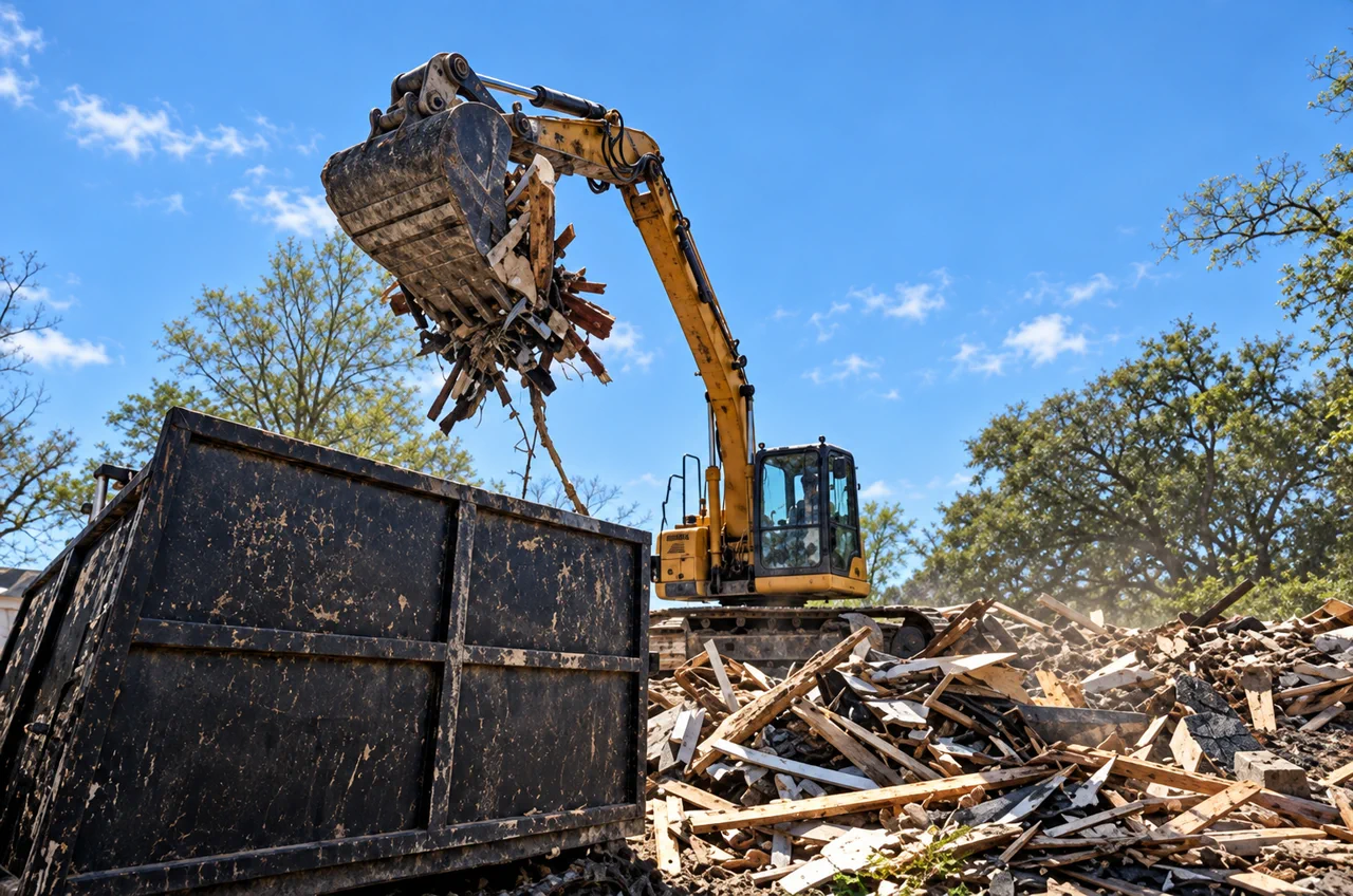Excavator loading demolition debris into a roll-off container